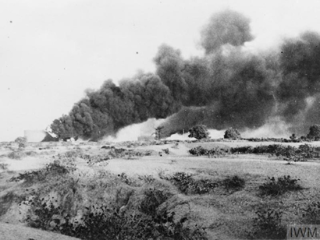 Oil fields burning during the withdrawal from Burma