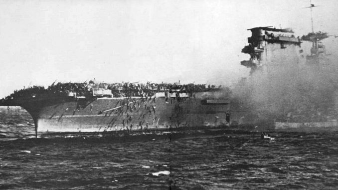 USS Lexington on fire and sinking in the Coral Sea