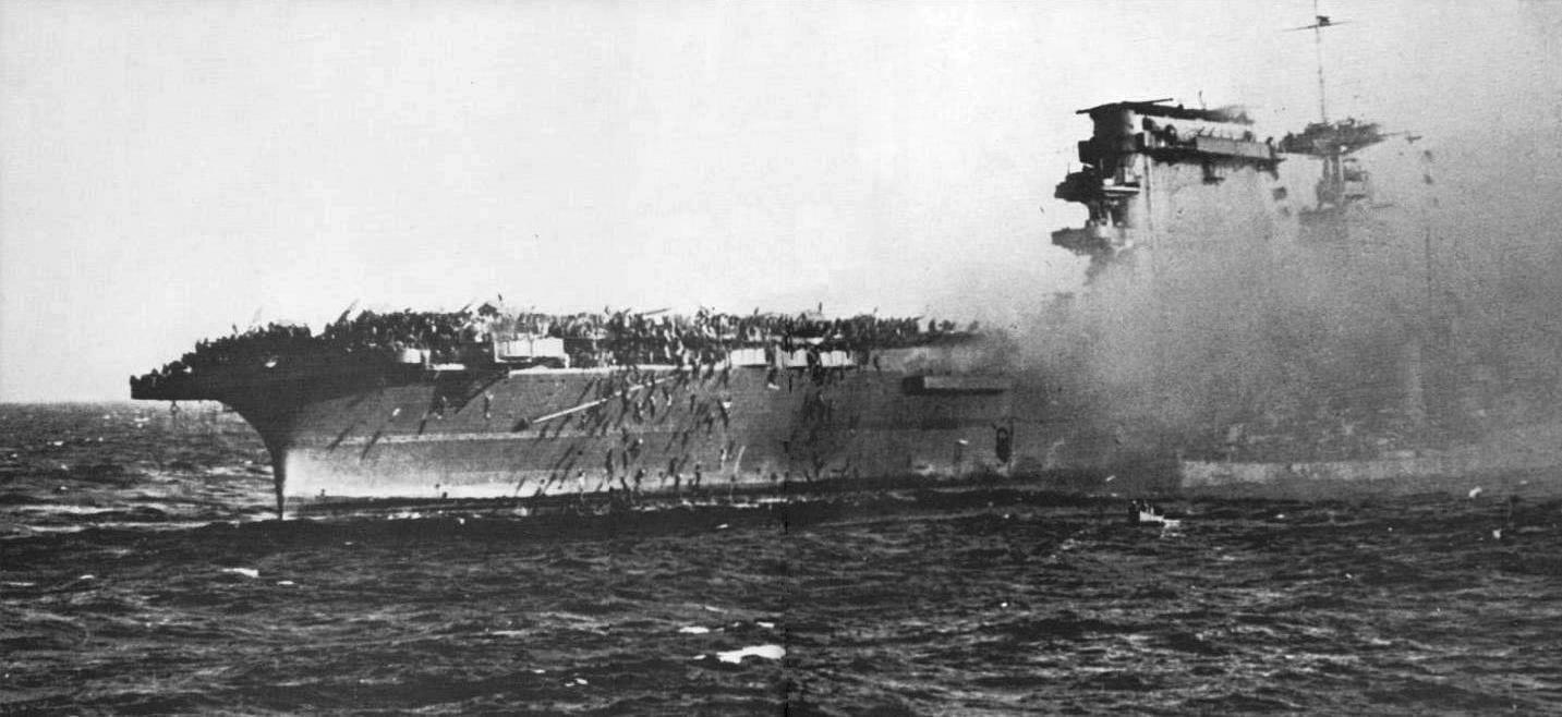 USS Lexington on fire and sinking in the Coral Sea