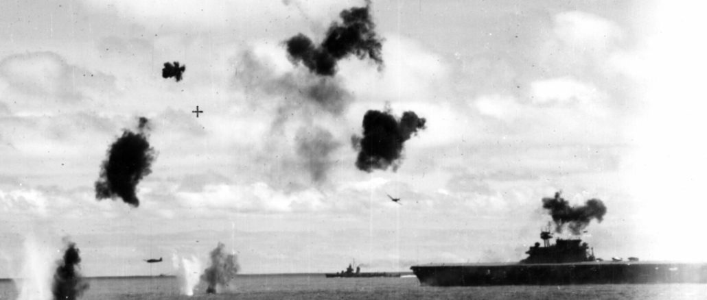 Yorktown under torpedo bomber attack