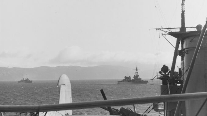 Allied warships depart Wellington, NZ in July 1942, bound for Guadalcanal.