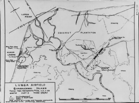 Hand-drawn map of Lunga Point and the still under construction Japanese airfield, July 1942